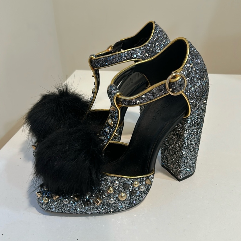 Nasty Gal awesome sequins sparkle heels with gold trims, studs, and a Pom Pom